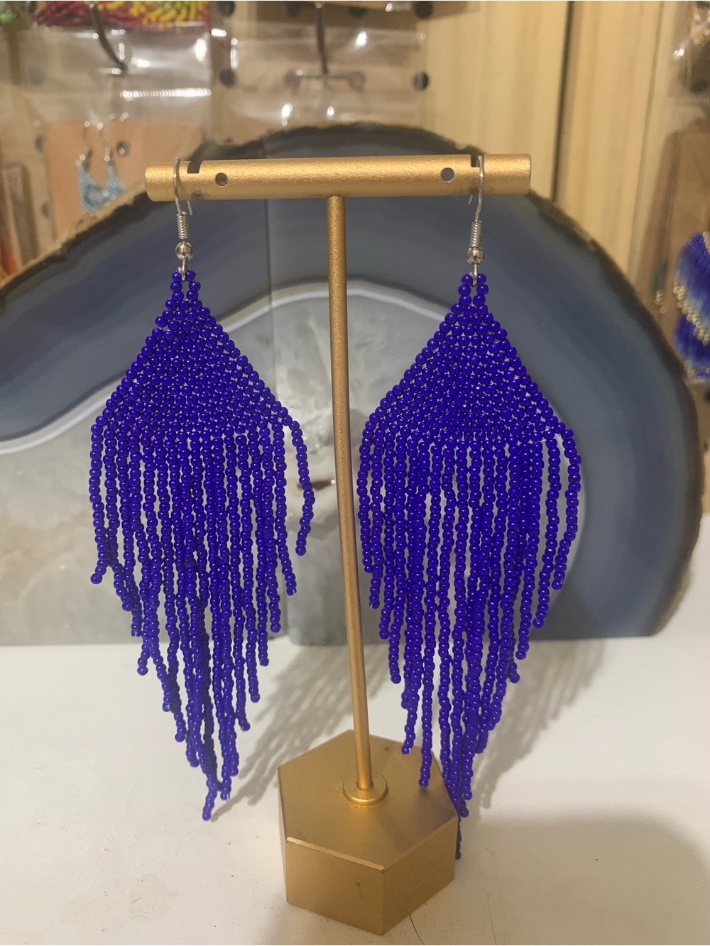 Vibrant Cobalt Beaded Fringe Earrings - Women Jewelry